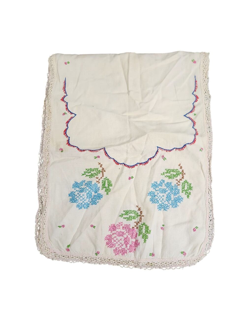 VTG TABLE RUNNER PINK BLUE ROSES FLORAL EMBROIDERED DRESSER SCARF COTTAGE